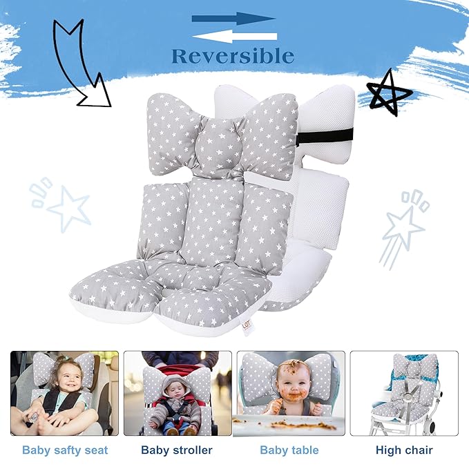 Baby Seat Pad Liner for Stroller–Soft and Breathable，3D Air Mesh Cotton Universal Baby Stroller Cushion(Gray Stars)