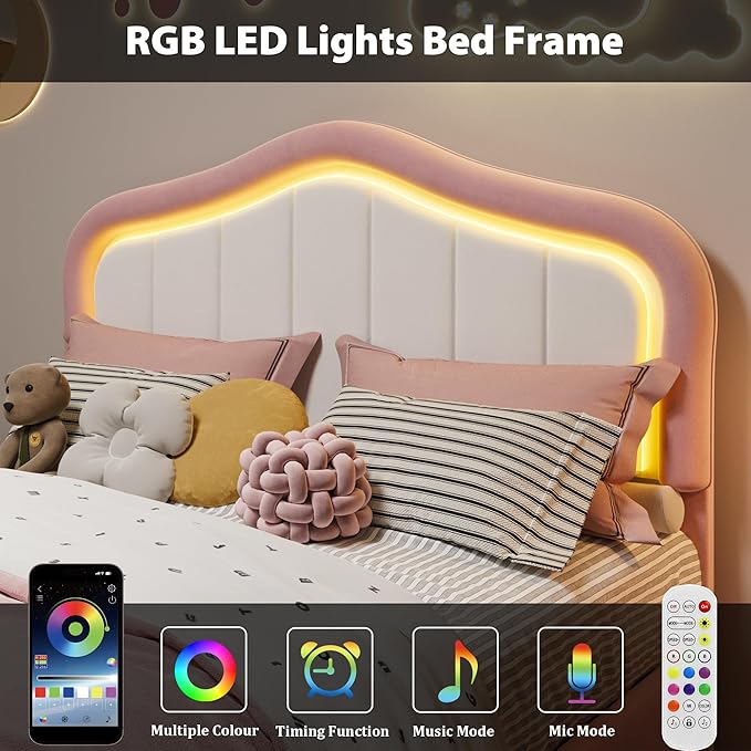 GarveeHome Upholstered Twin Bed Frame with Led Lights and Storage Drawer, Cute Velvet Led Bed Frame with Headboard for Kids, Girls, Boys, No Box Spring Needed, Wooden Slats, Noise Free, Pink