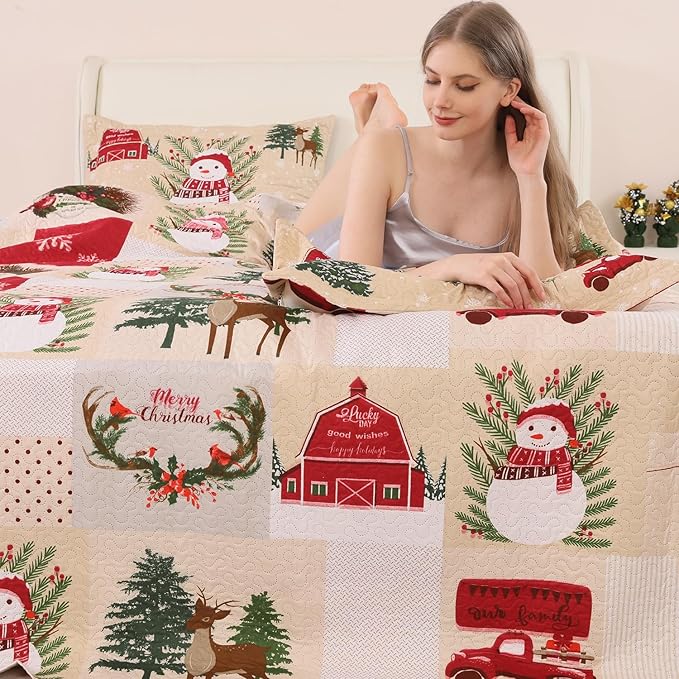 Christmas Quilt Set - Twin Size Plaid Patchwork Lightweight Quilt Set Bedding Reversible Xmas Home Decor Holiday Quilt Bedding Lodge Snowman Theme