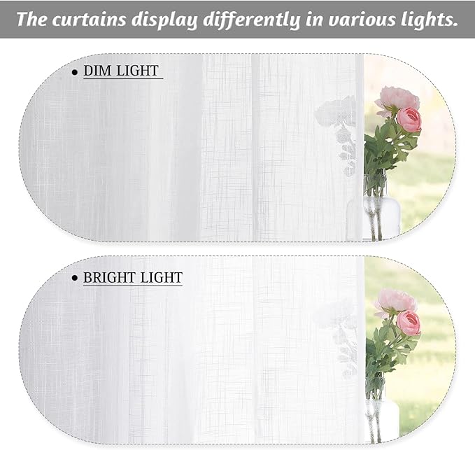 RYB HOME Linen Sheer Curtains - Linen Textured Semi Sheer Curtains for Kids Nursery Bedroom Living Room Window, 52 inches Wide x 72 inches Long per Panel, 2 Panels, White