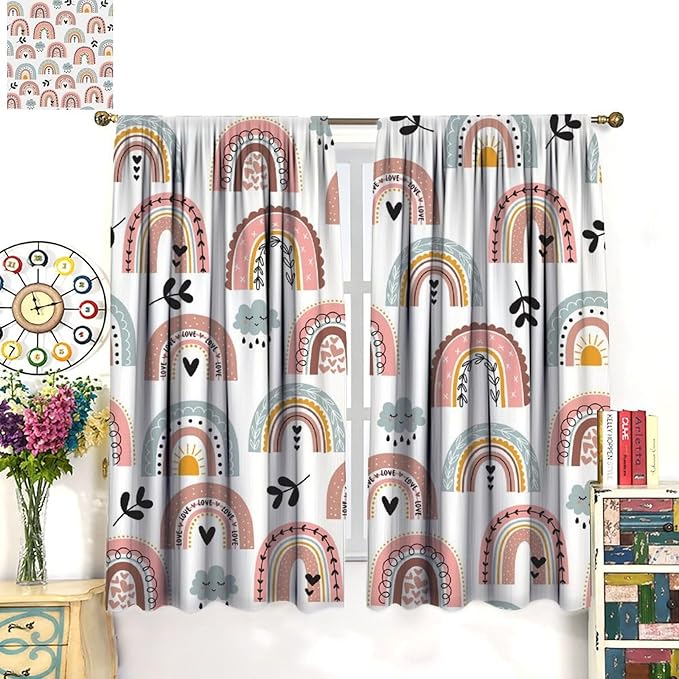 Kids Rainbow Curtains Boho Cartoon Colorful Stars Love Heart Lovely Abstract Art Pattern Print Window Drapes for Girl Bedroom Living Room Kitchen Decor,2 Panel Set,55Wx63H Inch Blackout
