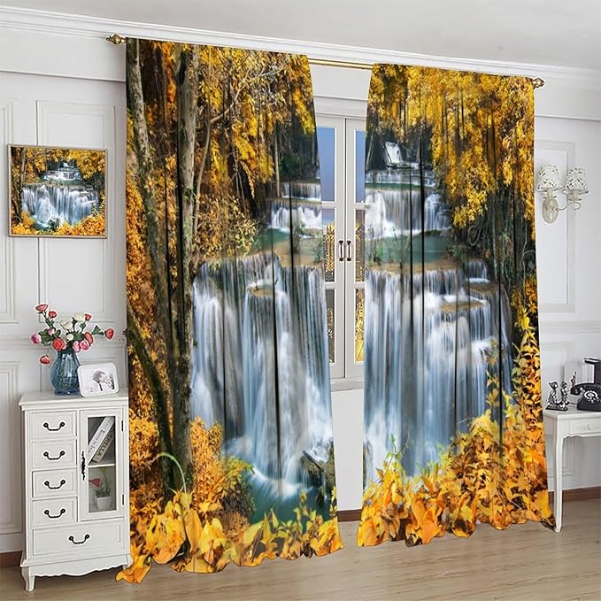 Waterfall Blackout Curtain, Autumn Season Trees Leaves Natural Landscape Window Drapes, for Bedroom Living Room 84" W X 84" L