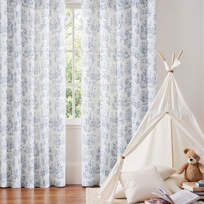 jinchan Linen Nursery Curtains 84 inch Long Woodland Wildlife Blue Print Drapes for Kid's Room Light Filtering French Country Farmhouse Curtains with Bunny and Forest Design Set of 2 Panels