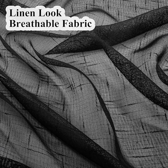Black Linen Look Pinch Pleated Sheer Curtains 102 Inches Long 2 Panels, 50 Inches Width, Rustic Textured Light Filtering Drapes, Dark Moody Floor to Ceiling Window Curtain with Hooks