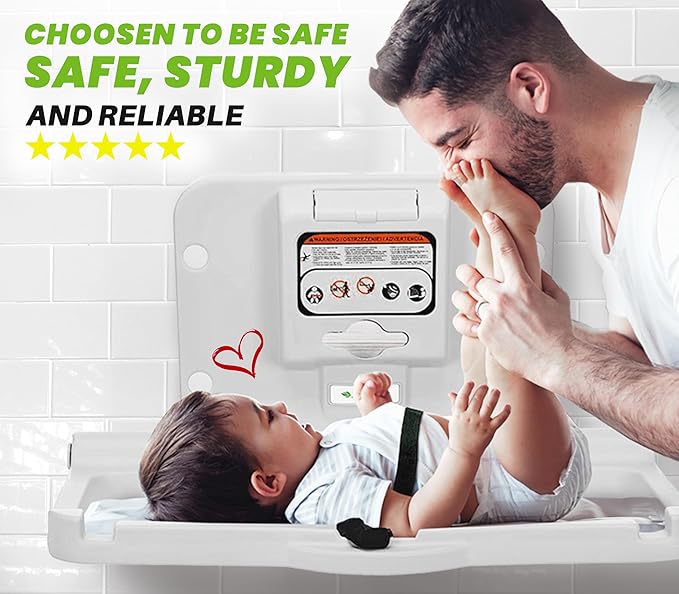 Alpine Wall Mounted Baby Changing Station 2 Pack - Horizontal Baby Changing Table Foldable Diaper Tables with Safety Strap for Commercial Bathroom, ADA Complaint (Hardware Included) White Gray