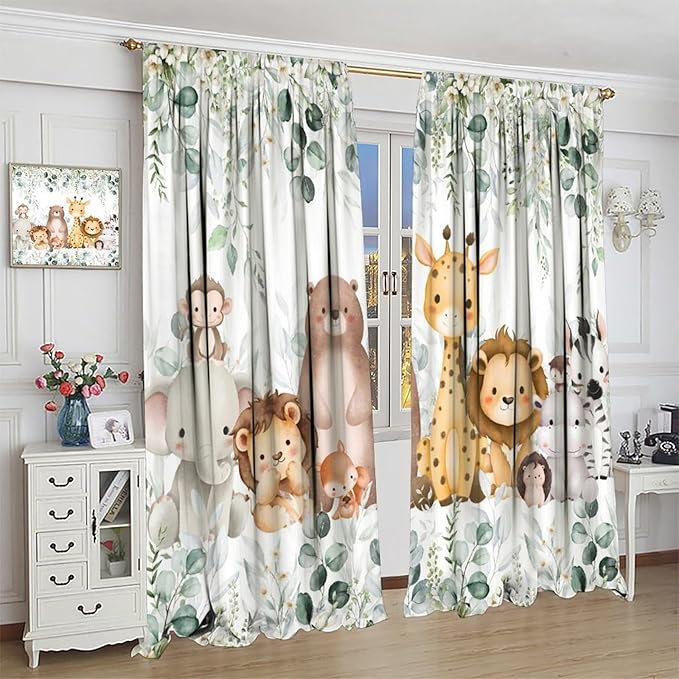 Kids Safari Animal Curtains Woodland Wildlife Jungle Animals Window Treatments for Boys Girls Bedroom Cute Cartoon Lion Nursery Children Drapes for Living Room W42xL45(Decor)