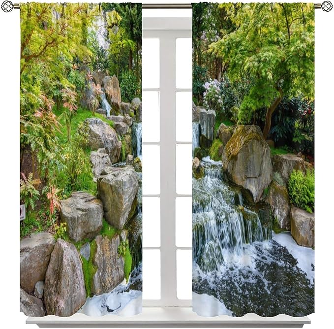 Forest Waterfall Blackout Curtains, Natural Landscape Forest Trees Waterfall Scenery PrintWindow Drapes, for Living Room Bedroom 84" W X 84" L