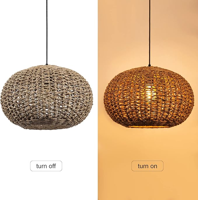 Arturesthome 1 Light Handwoven Boho Pendant Light, Rattan Wicker Hanging Ceiling Lighting Weave Chandelier Lamp Shade for Kitchen Island Restaurant Craft Room