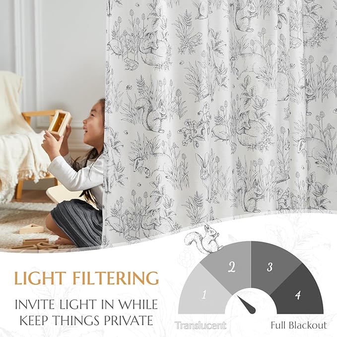 jinchan Linen Nursery Curtains 90 inch Long Woodland Wildlife Grey Print Drapes for Kid's Room Light Filtering French Country Farmhouse Gray Curtains with Bunny and Forest Design Set of 2 Panels