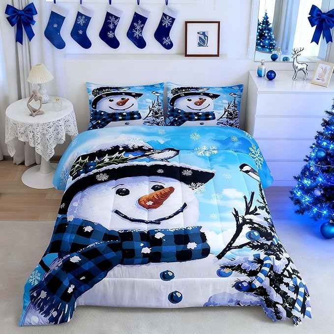 Feelyou Kids Christmas Theme Decorations Bedding Set Xmas Snowman Comforter Set for Boys Girls Cute Comforter Blue Bedroom Collection Full Size