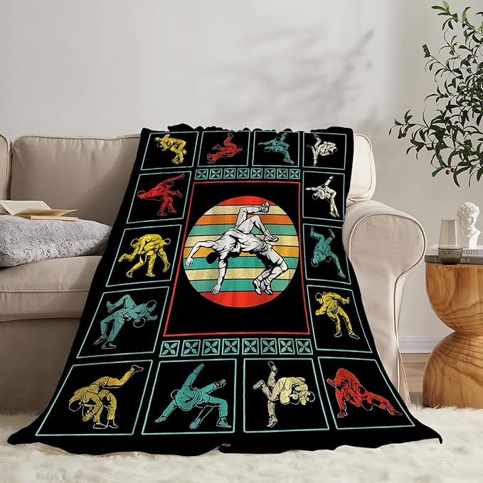 Wrestling Fleece Blanket Sports Wrestle Throw Blankets for Girls Boys Super Soft Warm Flannel Vintage Colorful Throws Gifts for Men Women Cozy Fuzzy Plush Stuffed Couch Bed Bedding Decor 80"x60"