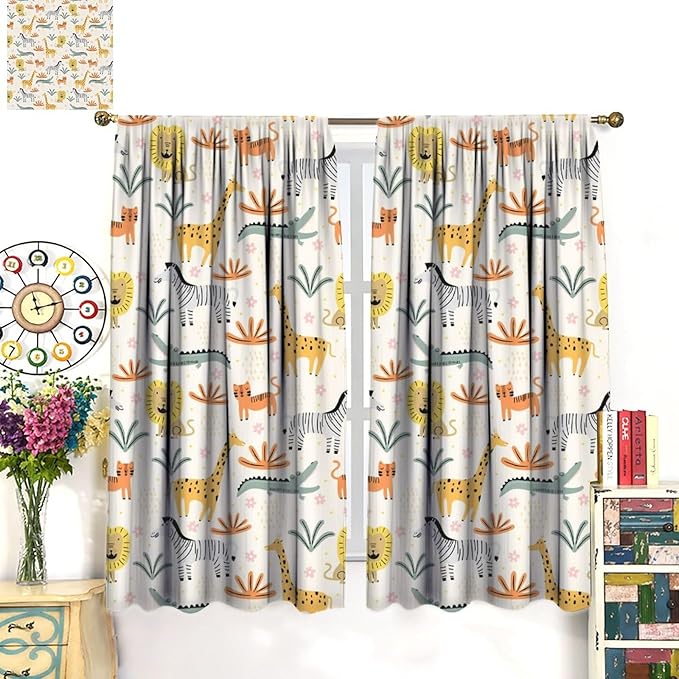 Wild Animals Curtains, Cute Cartoon Animals Zoo with Lion Zebra Crocodile Cat and Giraffe Tropical Jungle Plant Print Window Treatments for Kids Boys Girls Bedroom Living Room 42x45 Inch