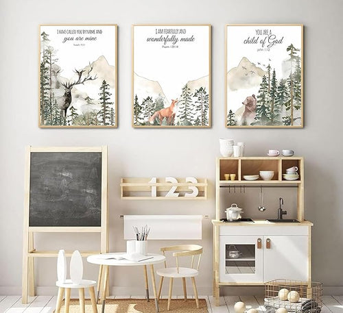 3pcs Forest Animals Bible Verse Wall Art Misty Forest Deer Bear Fox Paintings Canvas Prints Poster Inspirational Quotes Pictures Wall Decor for Home Bedroom Nursery Baby Room Playroom Decor Unframed