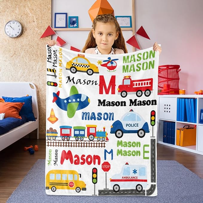 Personalized Blanket with Name for Boys, Custom Name Blanket City Car Transport, Soft Flannel Teen Blankets Customized Gift for Birthday Christmas-50x60in