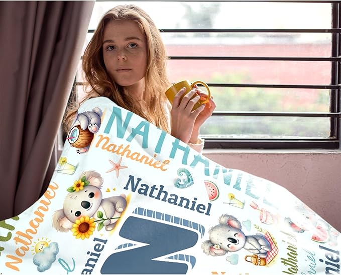 Personalized Custom Koala Blanket Gifts for Kids Boys Girls with Name - Customized Koala Super Soft Lightweight Flannel Sheets Decor for Crib Nap Couch - 90"x120" for Whole Family