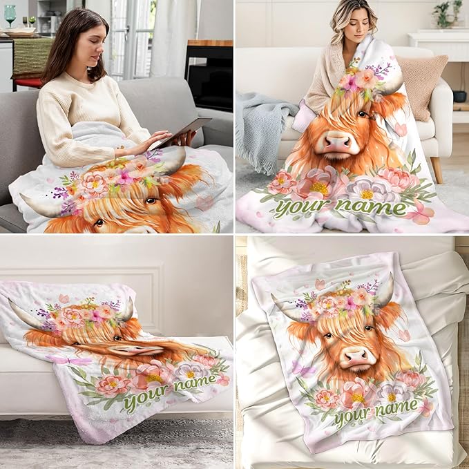 Custom Highland Cow Gifts for Women - 60" x 80" Inches Highland Cow Throw Blanket for Adults - Pink Soft Fuzzy Blankets for Sofa, Bed & Living Room