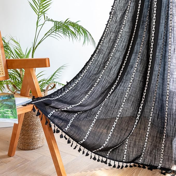Deeprove Black Boho Curtains 72 inches Long for Bedroom, Vintage Bohemian Embroidery Farmhouse Cotton Linen French Country Tassel Window Treatments Gothic Halloween Decor, W52 x L72, 1 Panel