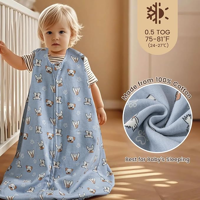 PHF Soft Baby Sleep Sack 0-6 Months 100% Organic Cotton Wearable Blanket, 2-Way Zipper 0.5 TOG Toddler Sleeping Sack 3 Pack, Comfy Sleep Bag for Baby Boys Girls, Pets Dogs (Small)