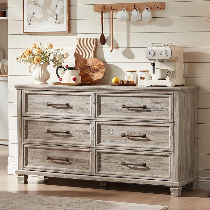 Farmhouse Bedroom Dresser and Nightstand Set of 4, 6 Drawer Low & 5 Drawers Dresser & 3 Drawer Nightstand Set with Wooden Legs, Rustic Wood Furniture for Bedroom, Hallway, Grey
