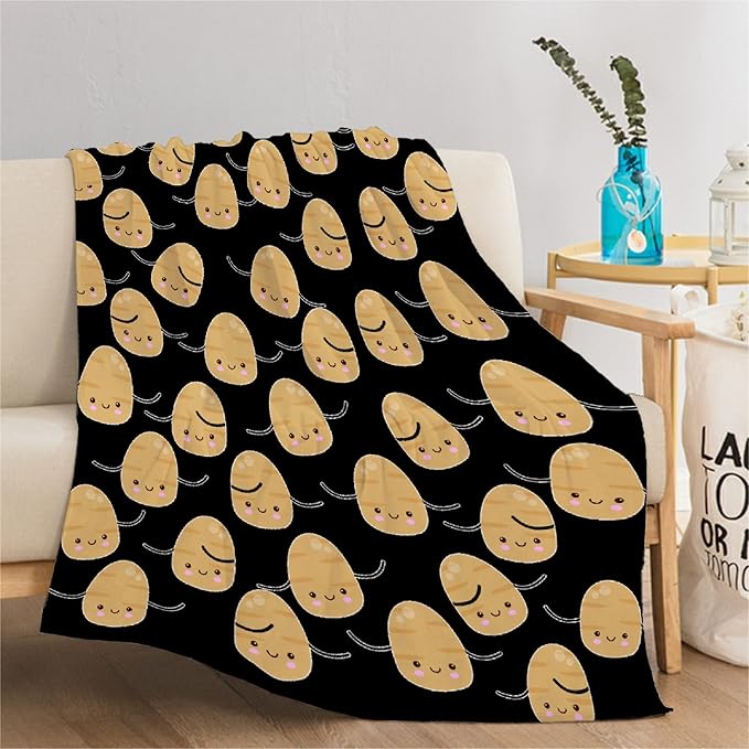Thuswarm Cute Potato Kawaii Black Flannel Blanket Gifts Warm Cozy Soft Funny Print Throw for Bed Couch Sofa 50”×40” Small for Kid