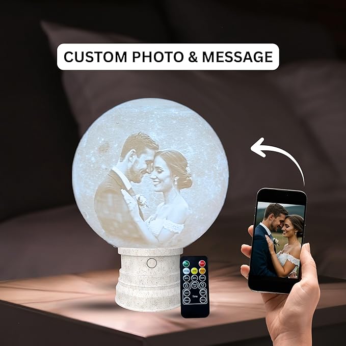 Personalized Moon Lamp with Custom Photo & Text - 3D Printed Night Light - Custom Moon Lamp - 3 Temp Led - Unique Gifts for Women, Girlfriend - Decor for Weddig Anniversary, Birthday