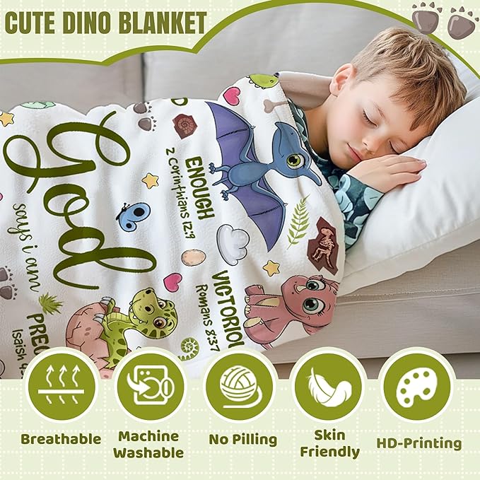 Bible Verse Blanket, Christian Gifts, God Says I am Print Dinosaur Blankets for Boys, Meaningful Thoughtful Religious Baptism Gift for Son,Dinosaur Lovers Room Bed Decoration, 30"x40"