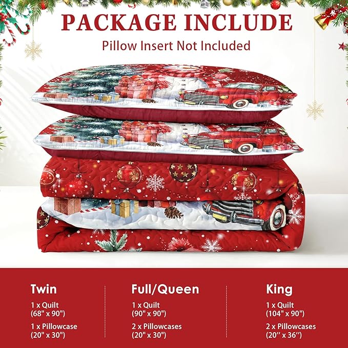 Christmas King Size Quilt Set, Red Cute Snowman Lightweight Bedspread Coverlet with Pillow Shams for Kids and Adults, Farmhouse Truck Snow 3 Pcs Bedding Bed Cover