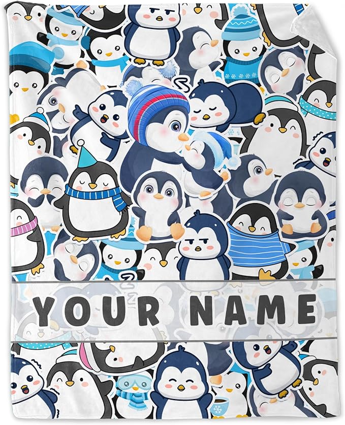 Custom Penguin Gifts for Adult - 60" x 80" Inches Cute Penguin Blanket for Girls - Blue Lightweight Furry Throws for Sofa, Bed & Living Room