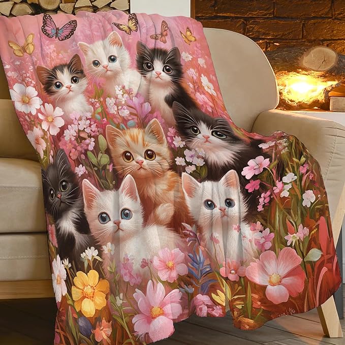 Pink Cat Blanket Funny Cats Throws Pet Animal Print Plush Fuzzy Fleece Blankets Gifts for Girls Boys Super Soft Warm Cozy Butterfly Flower Stuffed for Kids Men Women Bed Sofa Bedding 60"x50"