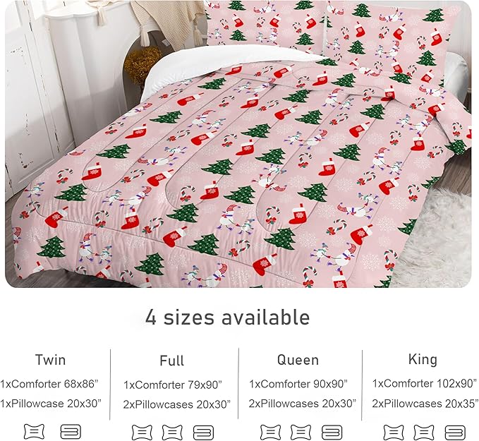Pink Christmas Comforter Twin: Kids Bedding Set with Xmas Tree Snowman Stocking Candy Cane Snowflake for Teen Girls Boys Holiday Quilt Decor 1 Comforter & 1 Pillowcase