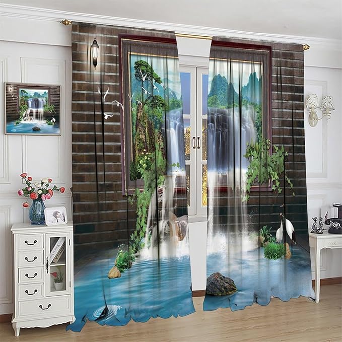 Waterfall Blackout Window Curtains, Tropical Rainforest Jungle Plants Forest Wild Nature Landscape Window Drapes, for Living Room Bedroom 42x63in 2 Panels