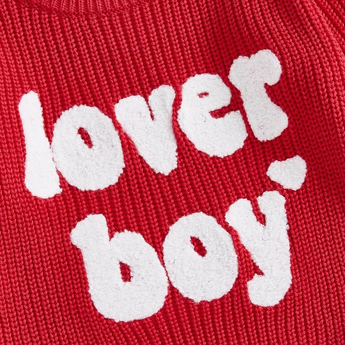 Lesimsam Newborn Baby Boy Girl Valentines Day Outfit Oversized Embroidery Long Sleeve Knit Sweater Bubble Romper Bodysuit
