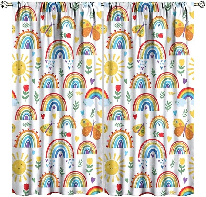 Boho Rainbow Curtains for Kids Nursery Colorful Floral Sun Star Clouds Pastel Bohemian Pattern Print Window Drapes for Girl Bedroom Living Room Kitchen Decor,2 Panel Set,42Wx54H Inch Blackout
