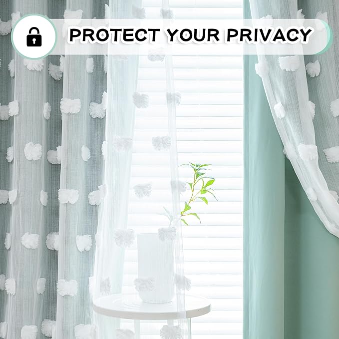 MYSKY HOME Aqua Curtains for Bedroom 54 Inch Long Double Layer Curtains for Kids Room Kithen White Pom Pom Sheer Nursery Curtains Short Grommet Room Darkening Small Window Curtains 2 Panels 52" x 54"