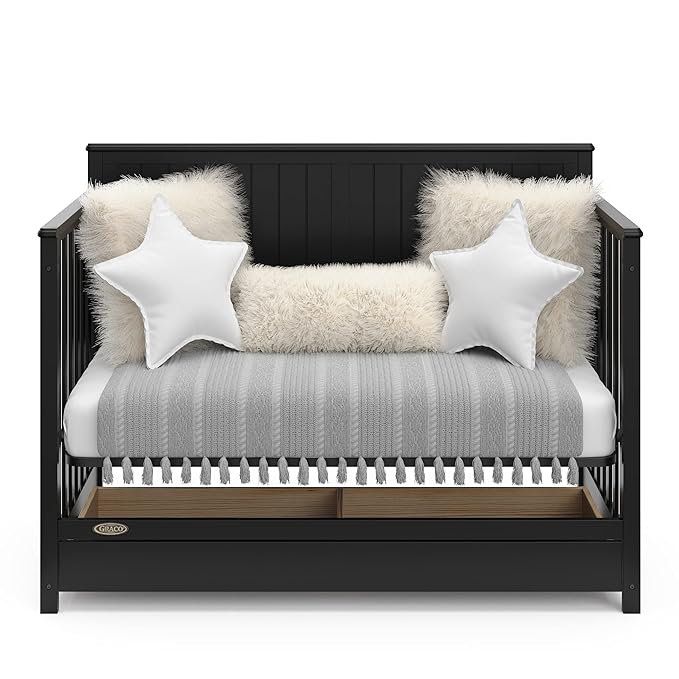 Graco Hadley 5-in-1 Convertible Crib with Drawer (Black) – Combo, Includes Full-Size Nursery Storage, Converts from Baby Crib to Toddler Bed, Daybed