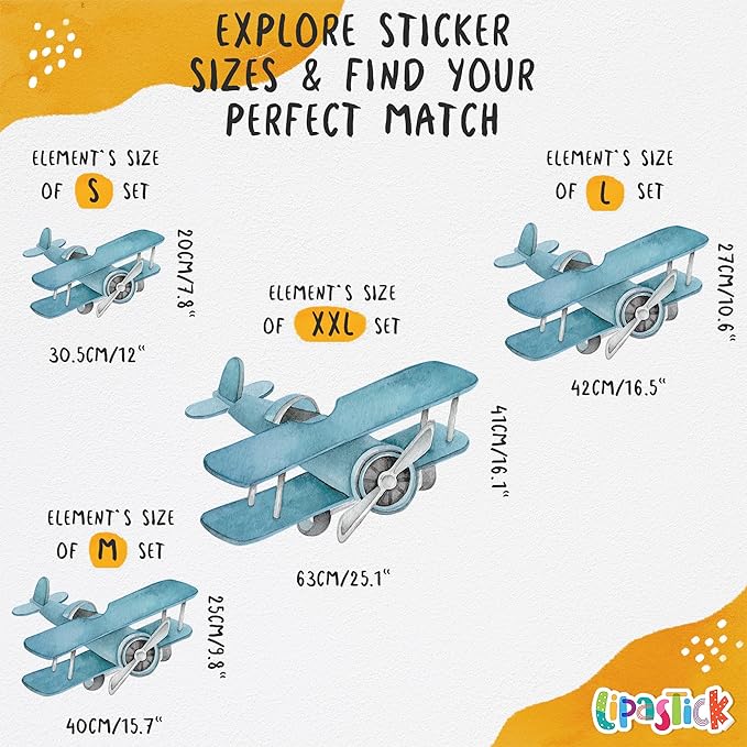 Airplane Wall Decals by Lipastick - Wall Stickers for Boys Room, Watercolor Vintage Plane Stickers for Kids, Baby Nursery, Toddler Bedroom Decor - Premium Vinyl Aircraft Art - S Size