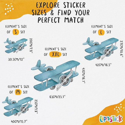 Airplane Wall Decals by Lipastick - Wall Stickers for Boys Room, Watercolor Vintage Plane Stickers for Kids, Baby Nursery, Toddler Bedroom Decor - Premium Vinyl Aircraft Art - S Size