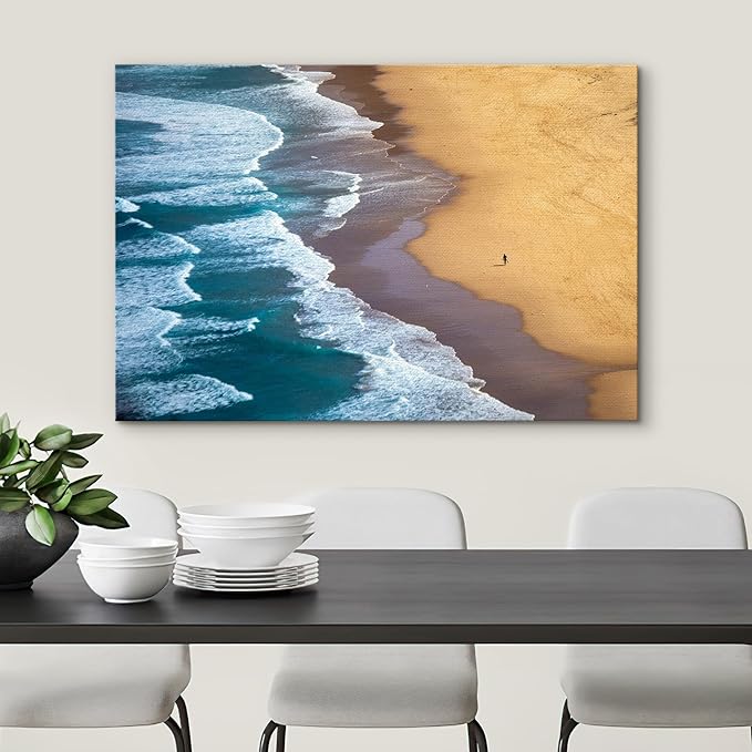 SIGNWIN Canvas Wall Art Serene Ocean Shoreline Aerial Beach View with Rolling Waves and Lone Surfer Photography Modern Art Rustic Landscape Relax/Calm for Living Room, Bedroom - 16"x24"