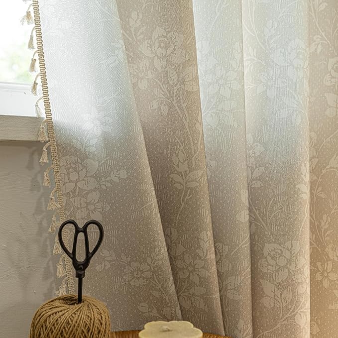 ENJOYBRIDAL Floral 63 Inch Curtains 2 Panel Set Light Camel Rustic Drapes Rod Pocket Bedroom Living Room Semi Sheer Window Curtain Panels Short Farmhouse Boho Chic Cute Window Treatments