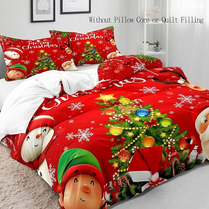 LUVIVIHOME 3PCS Christmas Duvet Cover Full Bedding Set, Kids Bedding, Santa Claus Snowman Reindeer Elf Snowflake Christmas Tree Holiday New Year Xmas Red Christmas Comforter Quilt Cover 2 Pillow Shams