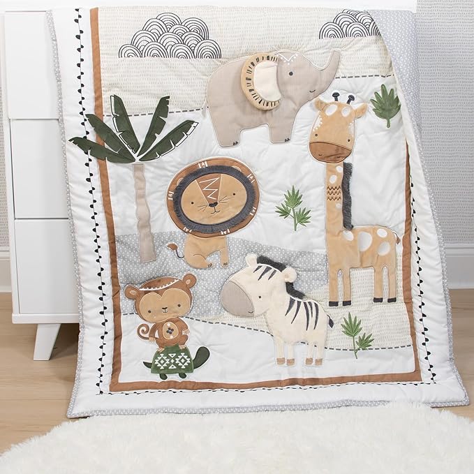 The Peanutshell 4 Piece Organic Cotton Baby Crib Bedding Set for Boys & Girls - Newborn, Infant & Toddler Nursery Bed Set Decor with Two Crib Sheets, Dust Ruffle Comforter - Safari Serenity