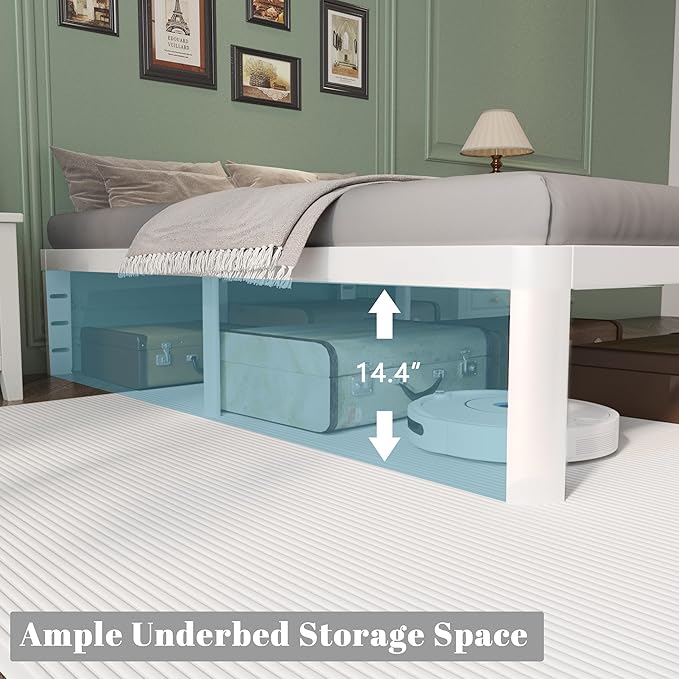 16 Inch Bed Frame Queen Size with Metal Gaskets, White Queen Bed Frame No Box Spring Needed, Heavy Duty Steel Platform Support, Round Corner Design, Storage Space, Noiseless, Reserved Holes