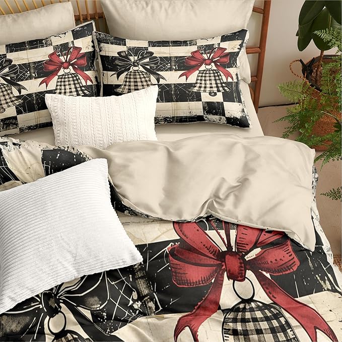 Christmas Duvet Cover King Size Retro Christmas Bell Gingham Bedding Set 3 Pieces Kids Boys Girls Xmas Happy Holiday Checked Pattern Comforter Cover with Zipper Closure