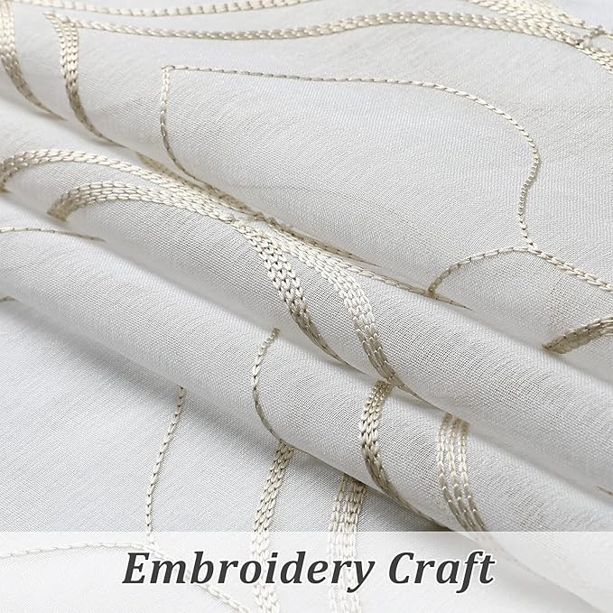 VISIONTEX White Sheer Curtains 95 Inches Long 2 Panels Set Brown Moroccan Embroidered Curtains Trellis French Textured Rod Pocket Voile Tulle Semi Window Drapes for Bedroom Living Room 54 x 95 Inches