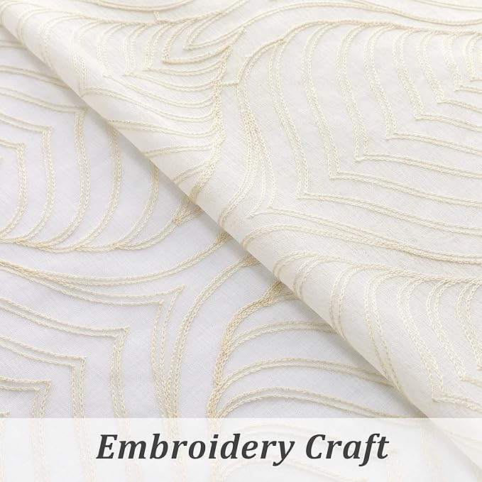 VISIONTEX Sheer Curtains 108 Inches Long 2 Panels Set Beige Moroccan Embroidery Texture Geometric Rod Pocket Ivory White Voile Tulle Semi Window Treatment Pair for Bedroom Living Room 54 x 108 Inches