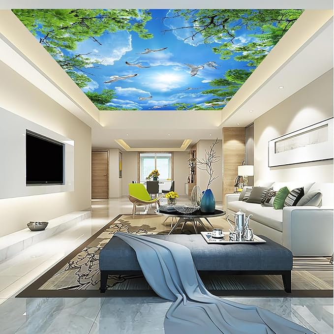 Sky Seagull Green Tree Ceiling 3D Wall Mural Wallpaper 103" x 69"