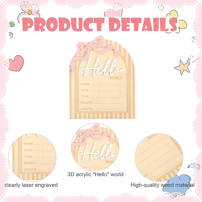 Bow Hello World Wooden Board - Hospital Newborn Information Record,Birth Milestone Bulletin Board Photo Props,Sweet Pink Bow Nursery Decorations,Little Princess Hello World Announcement Sign