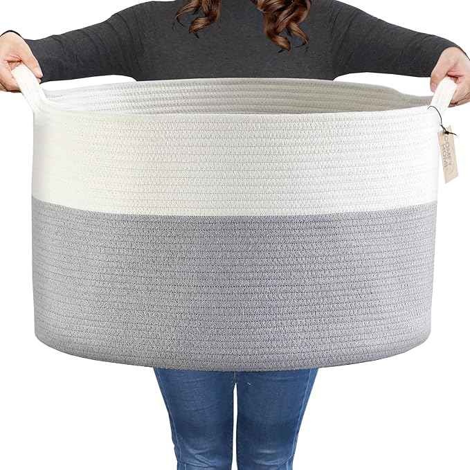 COMFY-HOMI XXXL Large Laundry Basket, Cotton Rope Nursery Woven Basket for Storage, Blanket Baskets Living Room Laundry Hamper, Dog Toy Storage Organizer, Home Decor-21''x21''x13.6''-White/Grey