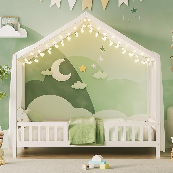 Bellemave Twin House BedFrame with Canopy, Montessori Floor Bed, House Bed with Rails for Kids, White