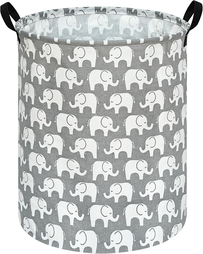KUNRO Round Laundry Gift Basket Storage Hamper, Kids Toys and Clothes Storage Organizer Bins, Toy Shelf Basket with Handles for Room Decor (Elephant)